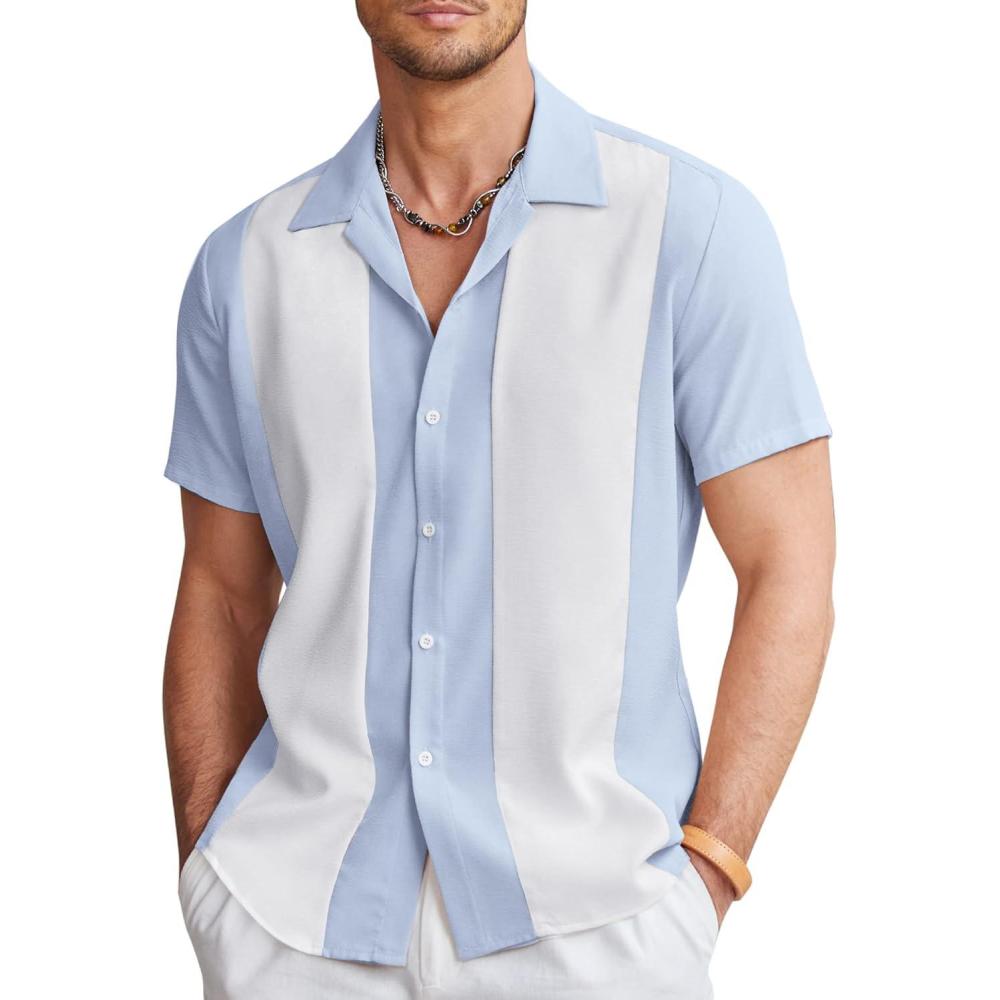 imageCOOFANDY Mens Vintage Bowling Shirt Short Sleeve Button Down Summer Cuba Beach ShirtsLight Blue White