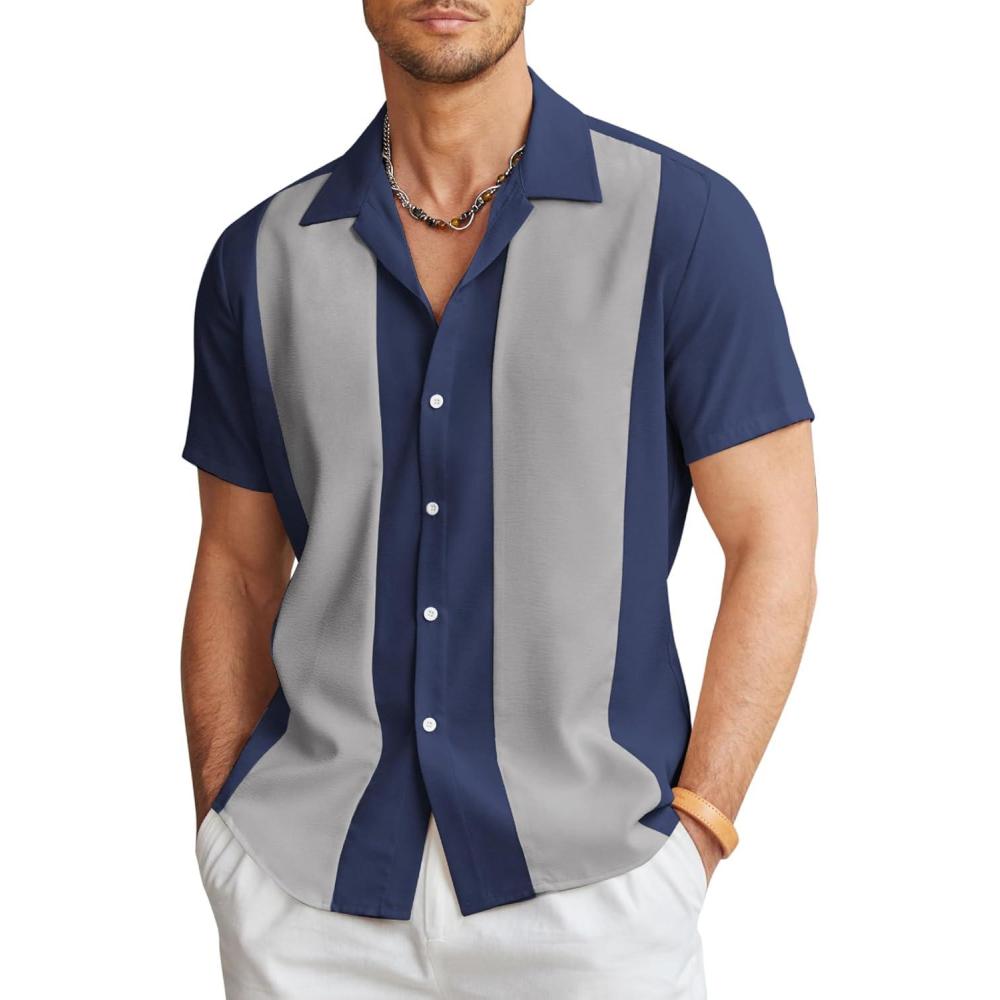 imageCOOFANDY Mens Vintage Bowling Shirt Short Sleeve Button Down Summer Cuba Beach ShirtsNavy Blue Light Gray