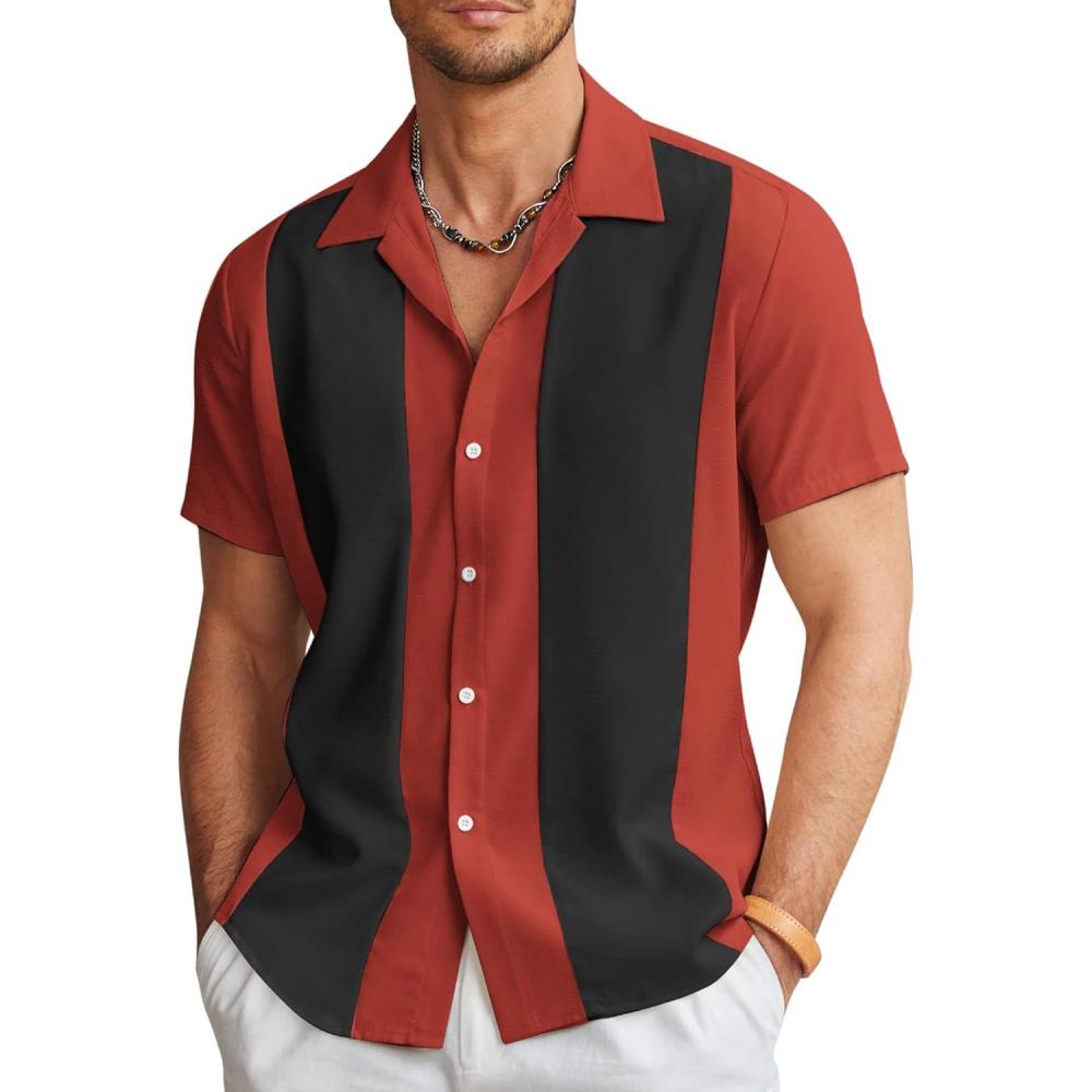 imageCOOFANDY Mens Vintage Bowling Shirt Short Sleeve Button Down Summer Cuba Beach ShirtsRed Black