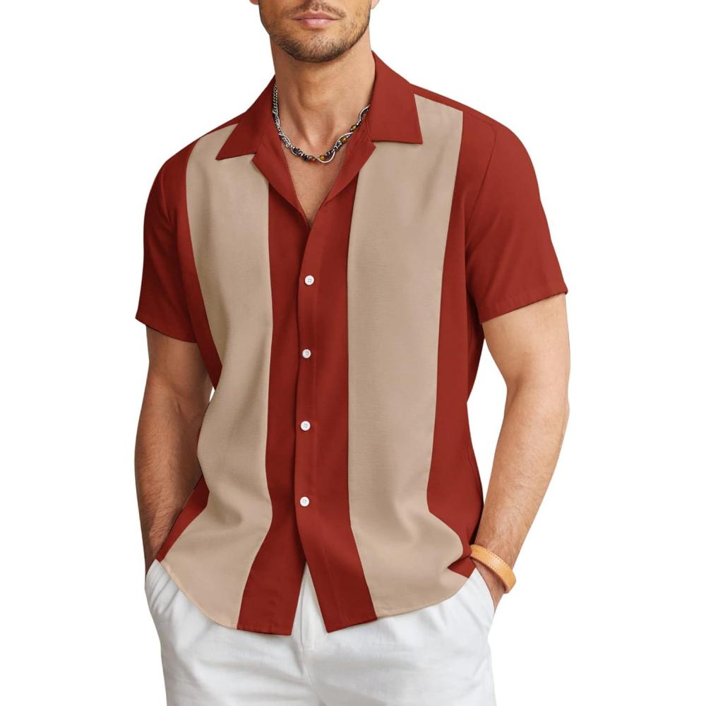 imageCOOFANDY Mens Vintage Bowling Shirt Short Sleeve Button Down Summer Cuba Beach ShirtsRed Light Khaki