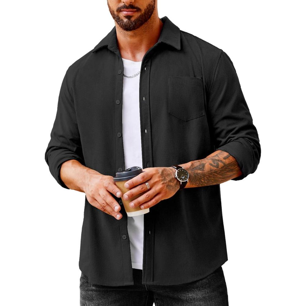 imageCOOFANDY Mens Waffle Button Down Shirts Casual Long Sleeve Shacket Jacket with PocketsBlack