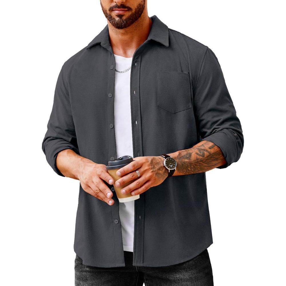 imageCOOFANDY Mens Waffle Button Down Shirts Casual Long Sleeve Shacket Jacket with PocketsDark Gray