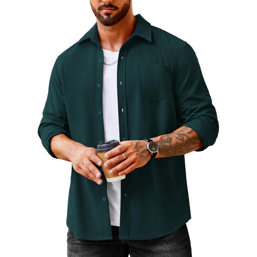 imageCOOFANDY Mens Waffle Button Down Shirts Casual Long Sleeve Shacket Jacket with PocketsDark Green