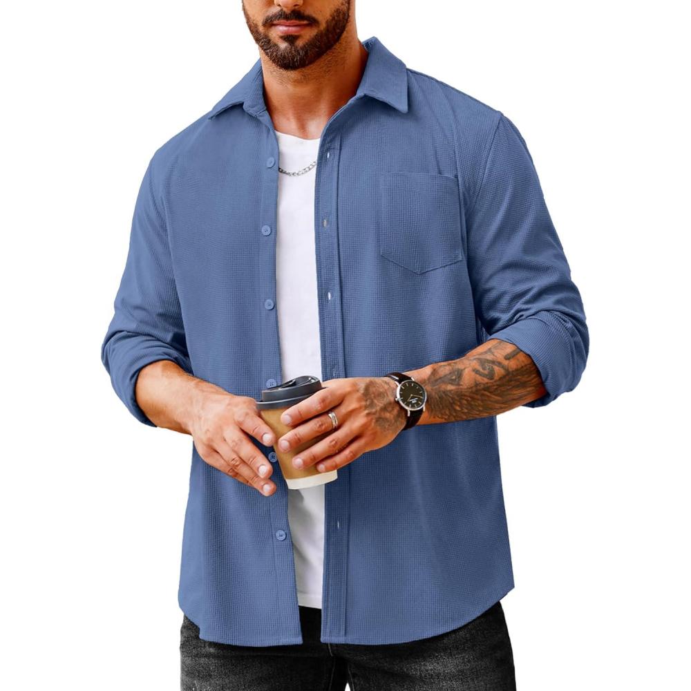 imageCOOFANDY Mens Waffle Button Down Shirts Casual Long Sleeve Shacket Jacket with PocketsDenim Blue