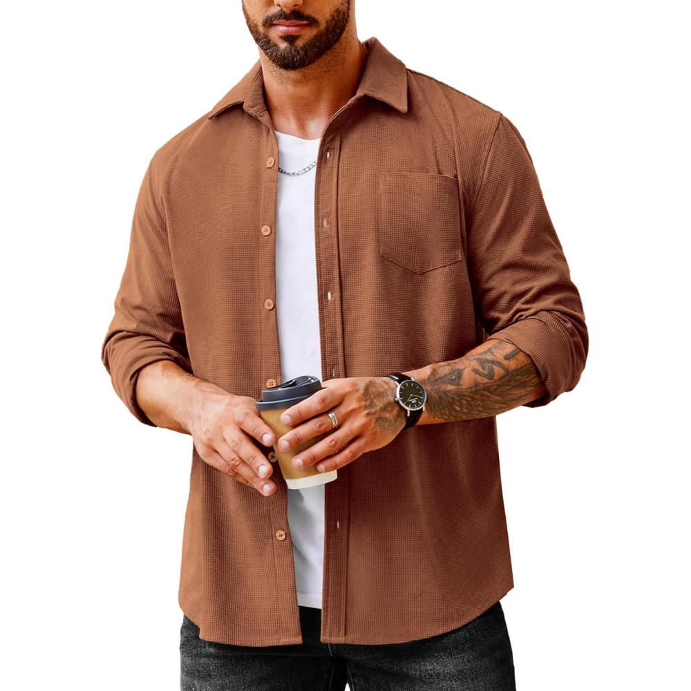 imageCOOFANDY Mens Waffle Button Down Shirts Casual Long Sleeve Shacket Jacket with PocketsLight Brown