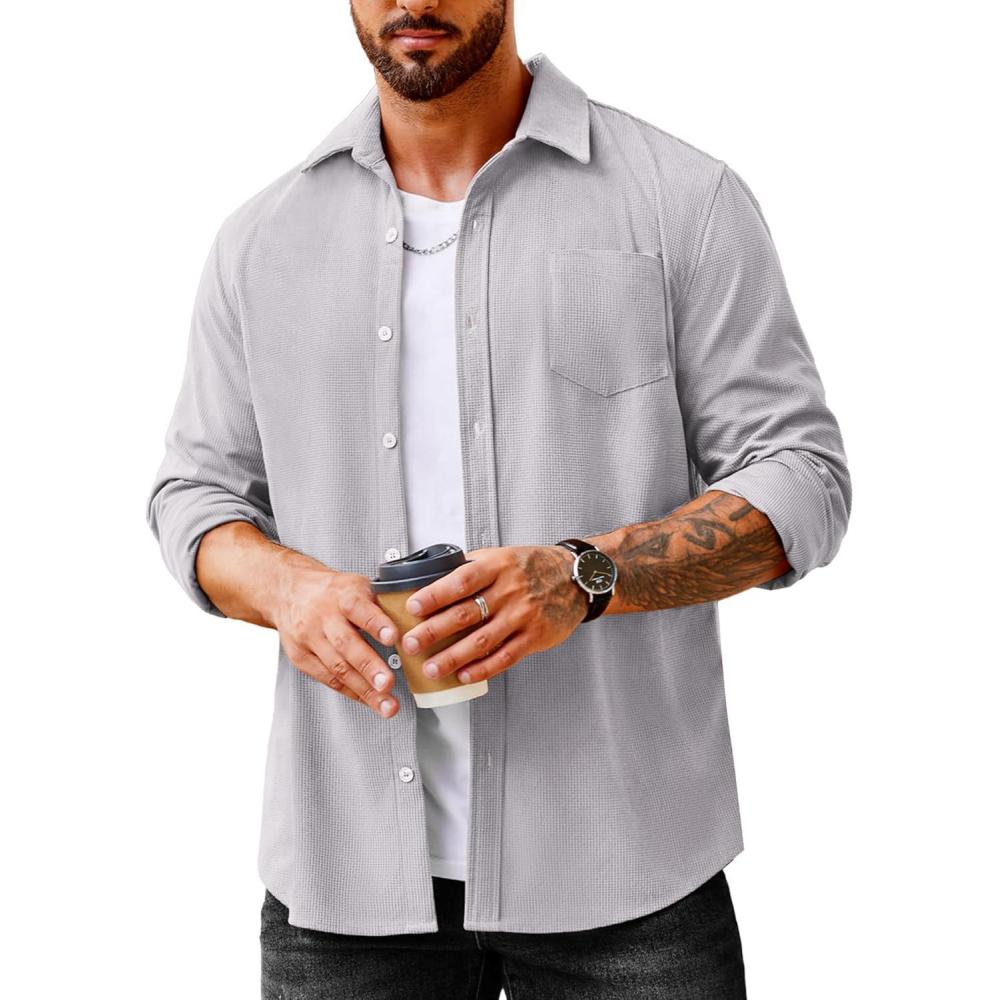 imageCOOFANDY Mens Waffle Button Down Shirts Casual Long Sleeve Shacket Jacket with PocketsLight Gray