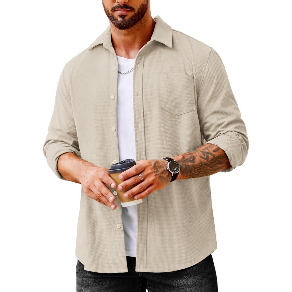 imageCOOFANDY Mens Waffle Button Down Shirts Casual Long Sleeve Shacket Jacket with PocketsMoon Grey