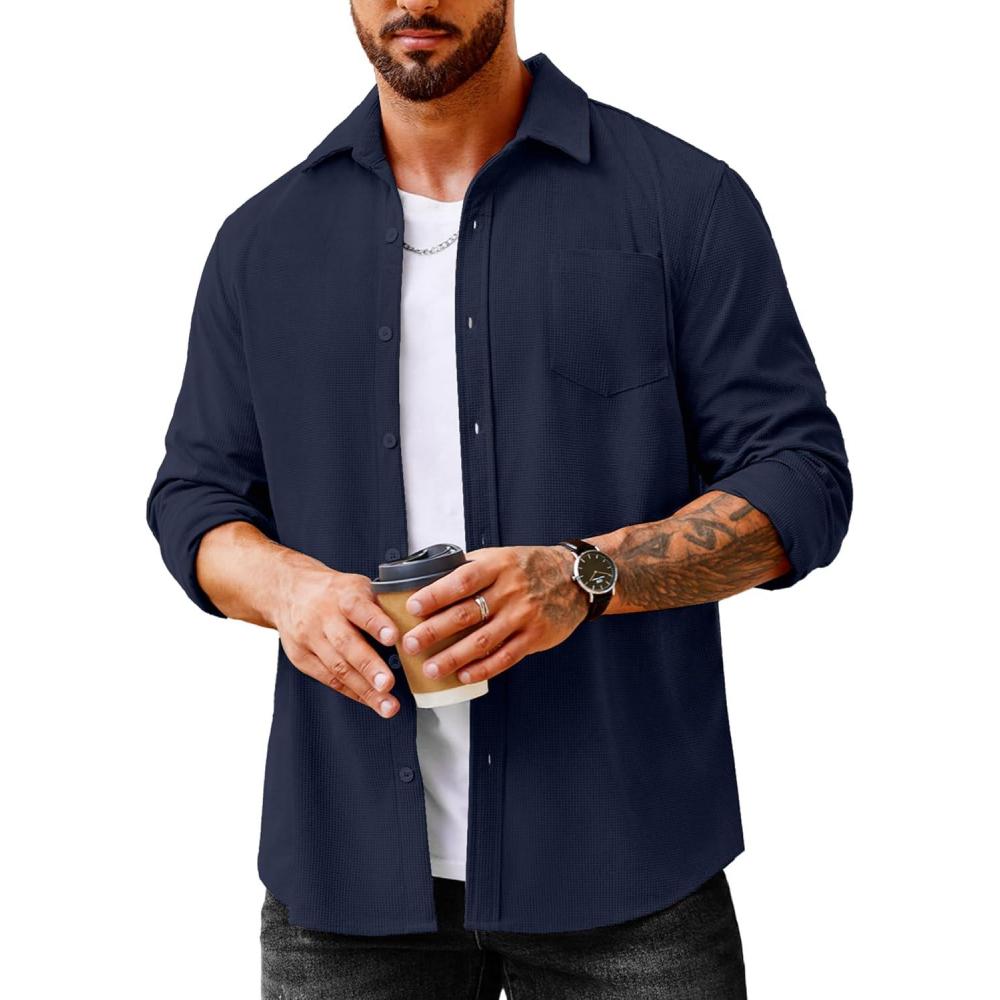 imageCOOFANDY Mens Waffle Button Down Shirts Casual Long Sleeve Shacket Jacket with PocketsNave Blue