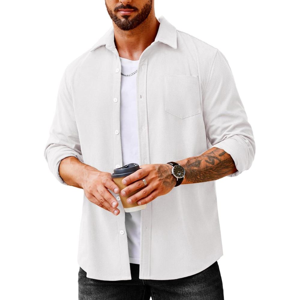 imageCOOFANDY Mens Waffle Button Down Shirts Casual Long Sleeve Shacket Jacket with PocketsWhite