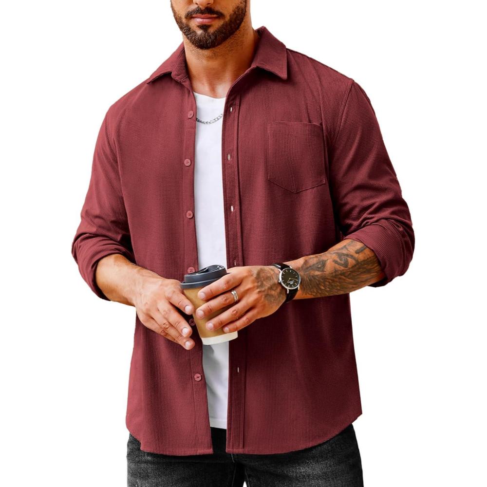 imageCOOFANDY Mens Waffle Button Down Shirts Casual Long Sleeve Shacket Jacket with PocketsWine Red