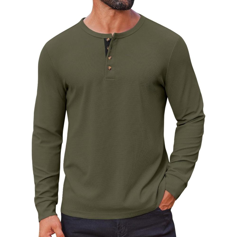 imageCOOFANDY Mens Waffle Henley Shirts Long Sleeve Casual TShirt Basic Lightweight Pullover TeesArmy Green