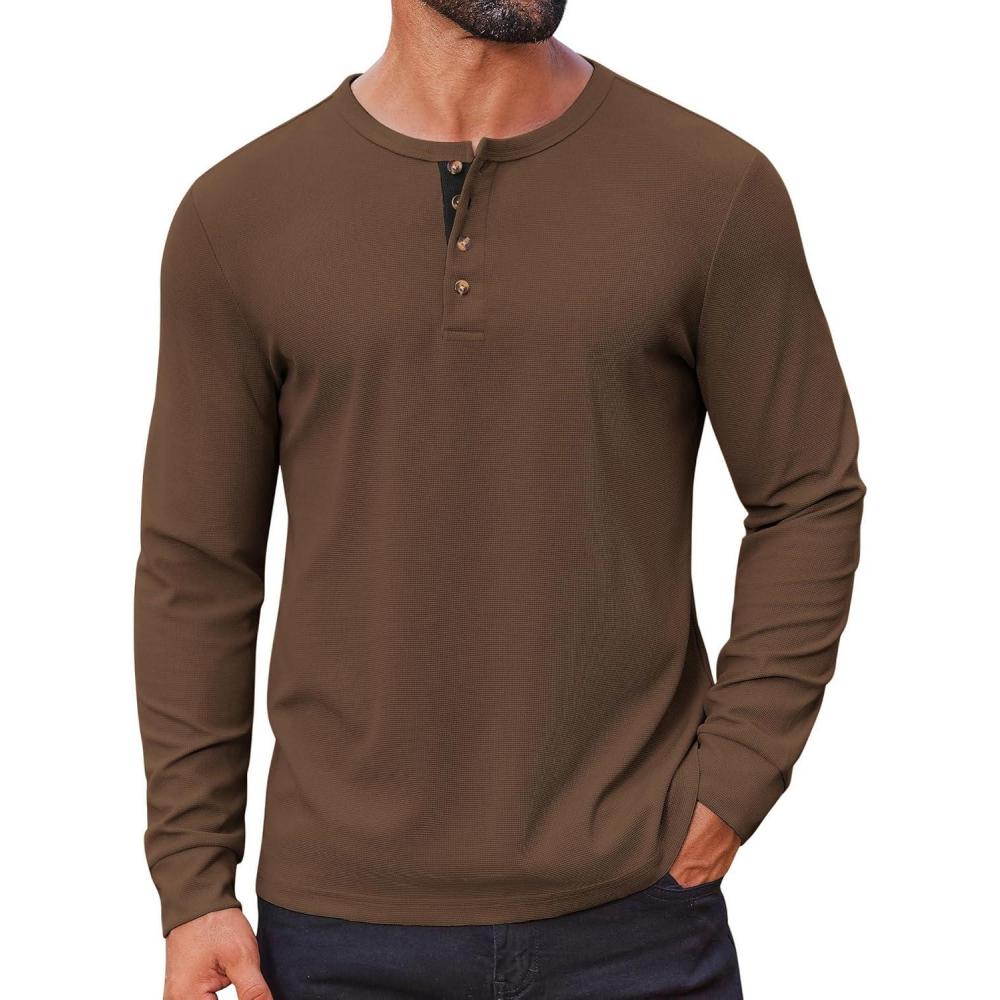 imageCOOFANDY Mens Waffle Henley Shirts Long Sleeve Casual TShirt Basic Lightweight Pullover TeesBrown