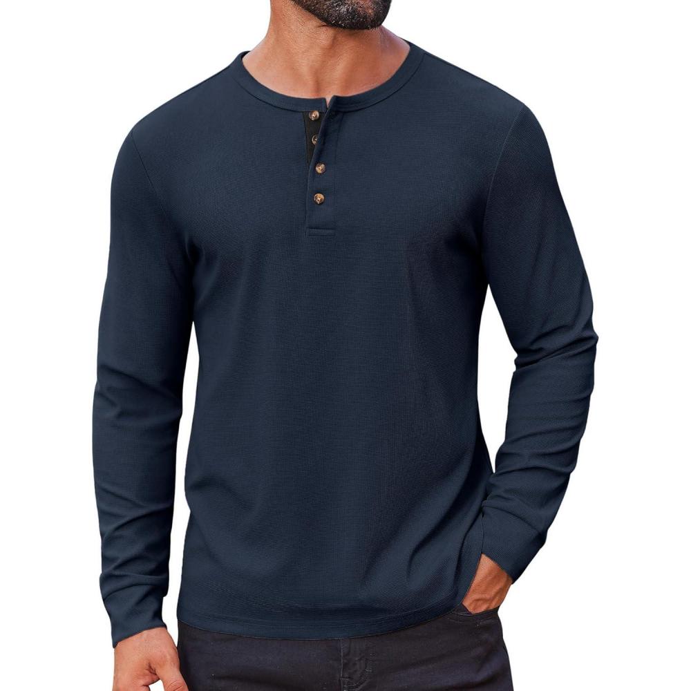 imageCOOFANDY Mens Waffle Henley Shirts Long Sleeve Casual TShirt Basic Lightweight Pullover TeesNavy Blue