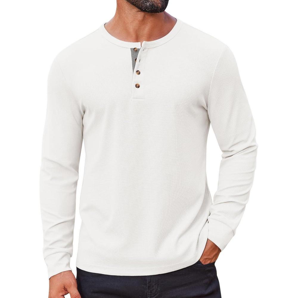 imageCOOFANDY Mens Waffle Henley Shirts Long Sleeve Casual TShirt Basic Lightweight Pullover TeesWhite