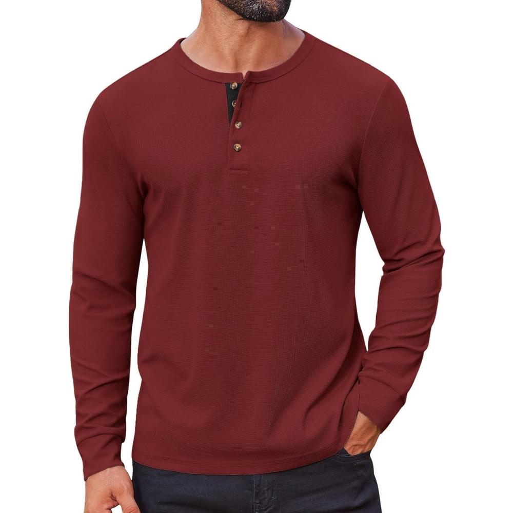 imageCOOFANDY Mens Waffle Henley Shirts Long Sleeve Casual TShirt Basic Lightweight Pullover TeesWine Red