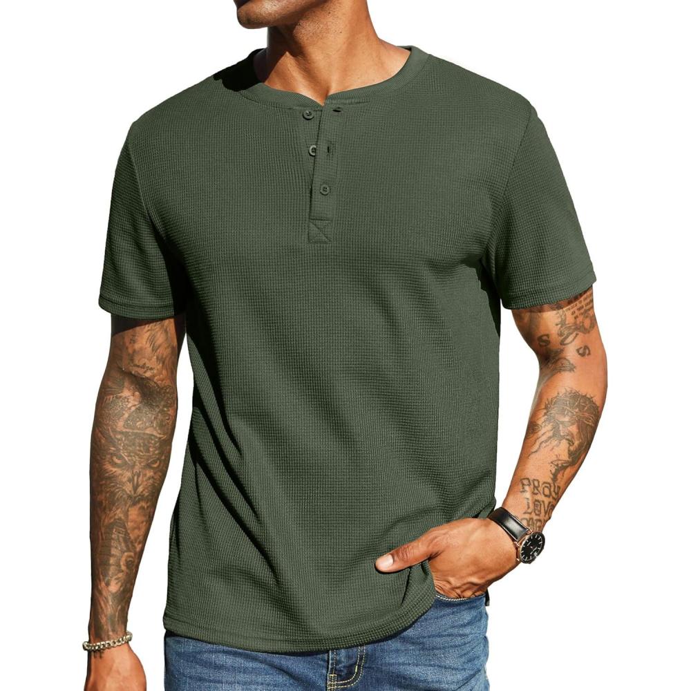 imageCOOFANDY Mens Waffle Henley Short Sleeve Textured T Shirt Casual Button Tee Shirts Heavyweight Henley Summer TopArmy Green