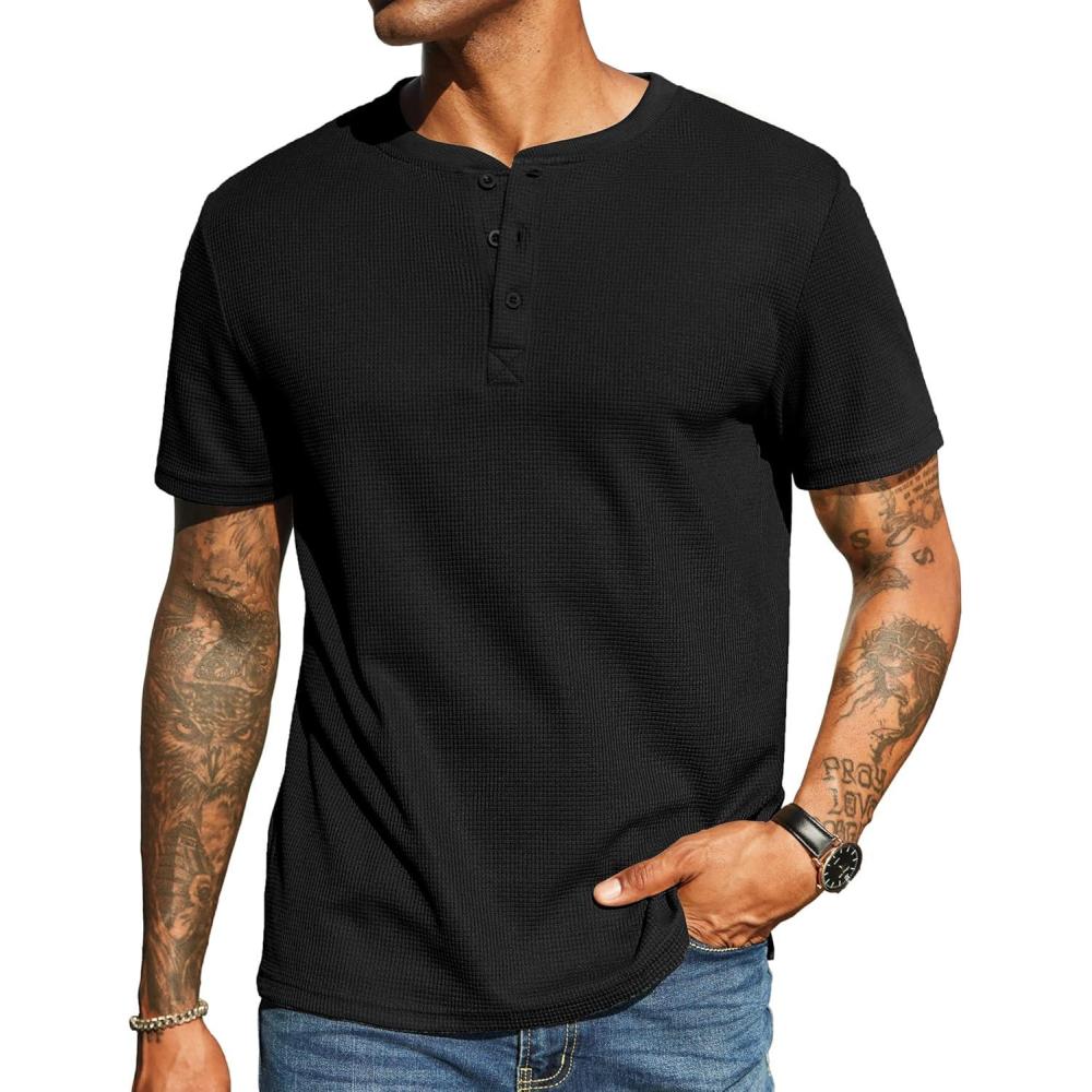 imageCOOFANDY Mens Waffle Henley Short Sleeve Textured T Shirt Casual Button Tee Shirts Heavyweight Henley Summer TopBlack