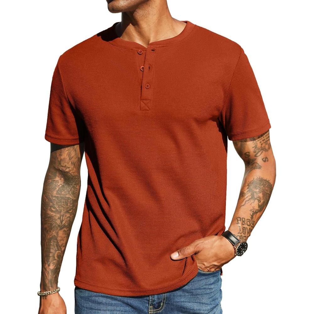 imageCOOFANDY Mens Waffle Henley Short Sleeve Textured T Shirt Casual Button Tee Shirts Heavyweight Henley Summer TopCaramel
