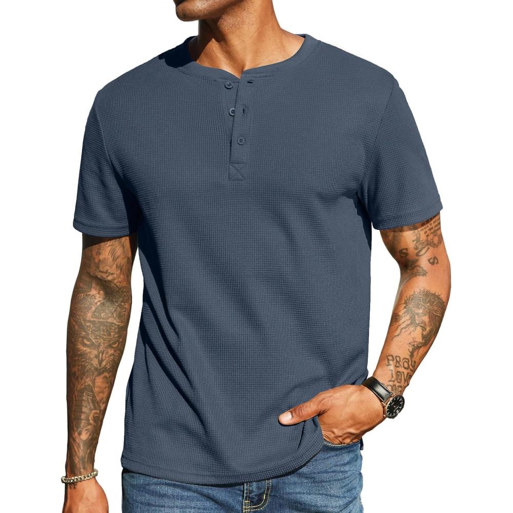 imageCOOFANDY Mens Waffle Henley Short Sleeve Textured T Shirt Casual Button Tee Shirts Heavyweight Henley Summer TopDark Grey