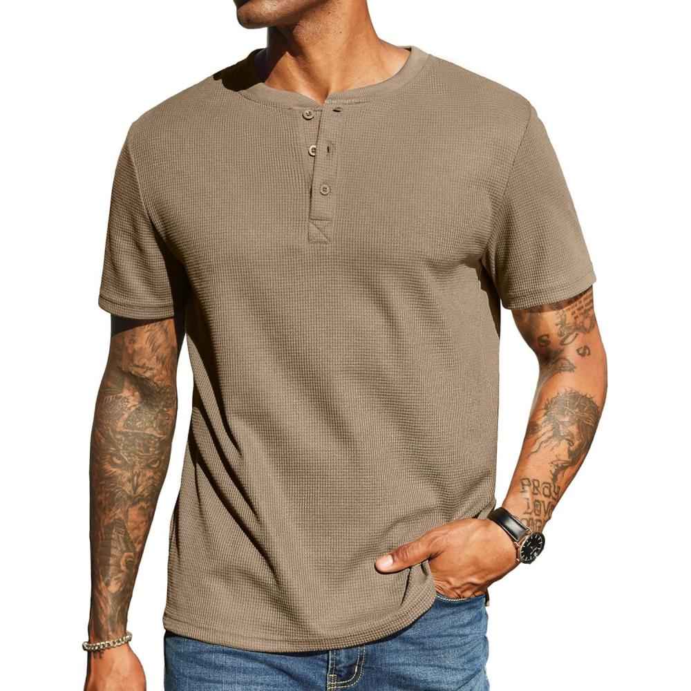 imageCOOFANDY Mens Waffle Henley Short Sleeve Textured T Shirt Casual Button Tee Shirts Heavyweight Henley Summer TopKhaki