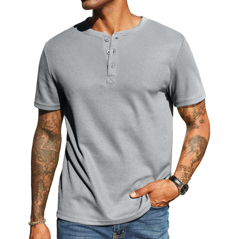 imageCOOFANDY Mens Waffle Henley Short Sleeve Textured T Shirt Casual Button Tee Shirts Heavyweight Henley Summer TopLight Grey