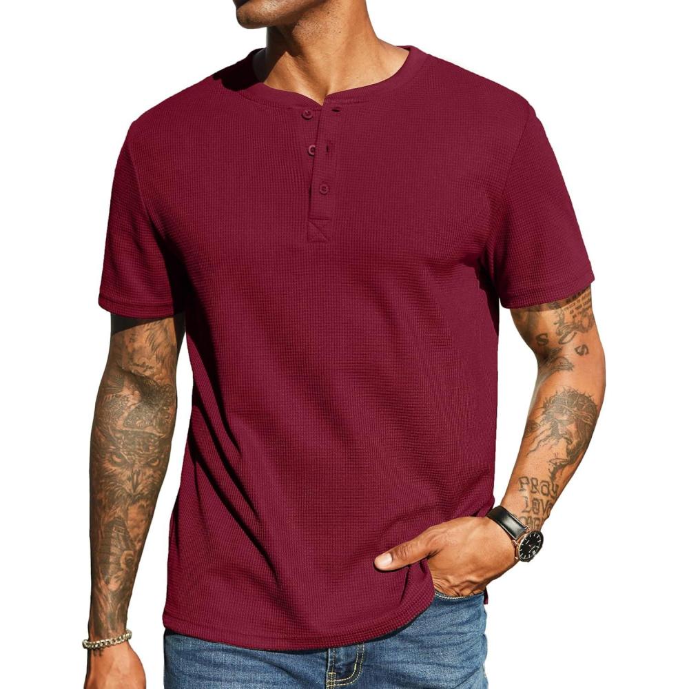 imageCOOFANDY Mens Waffle Henley Short Sleeve Textured T Shirt Casual Button Tee Shirts Heavyweight Henley Summer TopWine Red