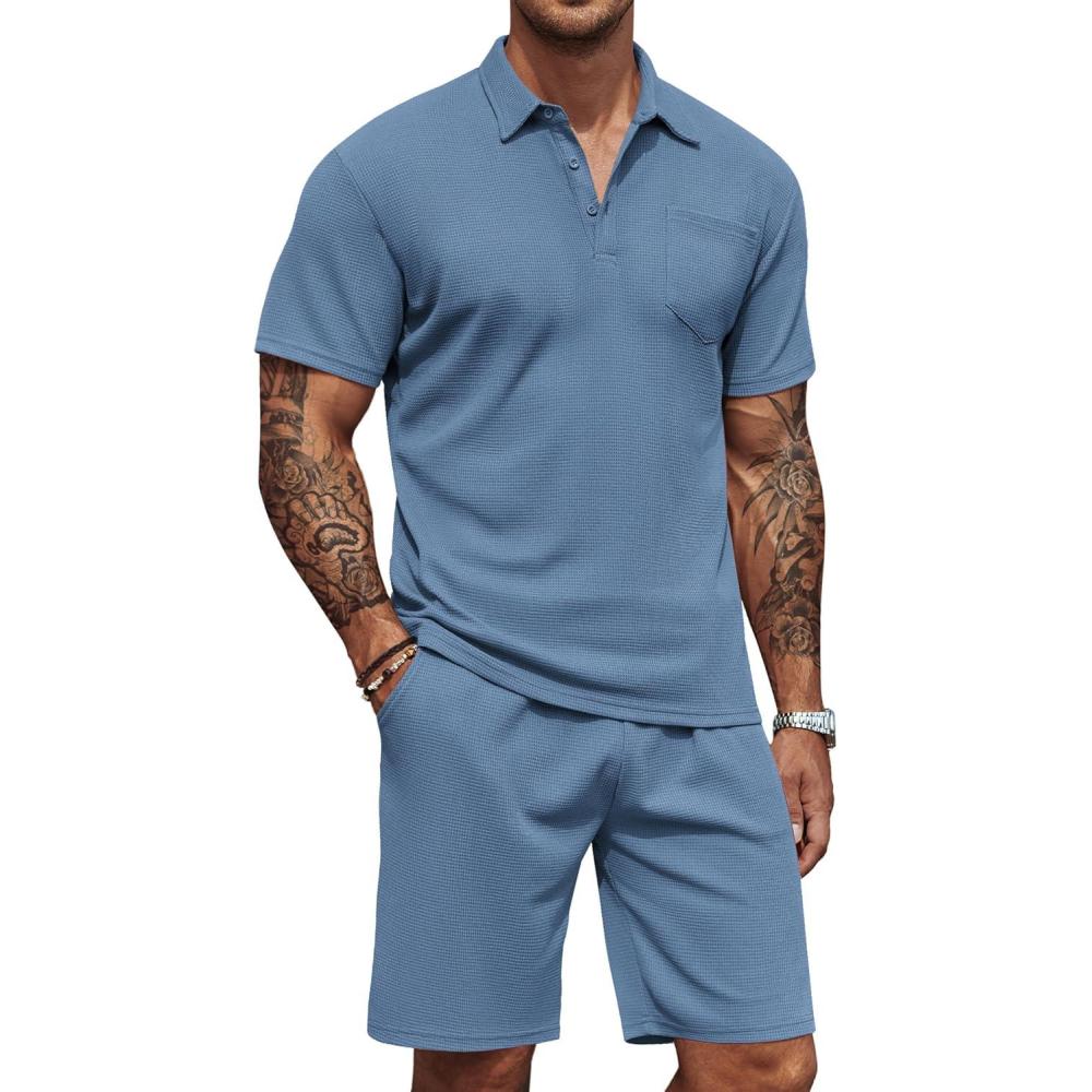 imageCOOFANDY Mens Waffle Knit Polo Shirt and Shorts Set 2 Pieces Outfits Summer Suit Casual Tracksuit with PocketsBlue