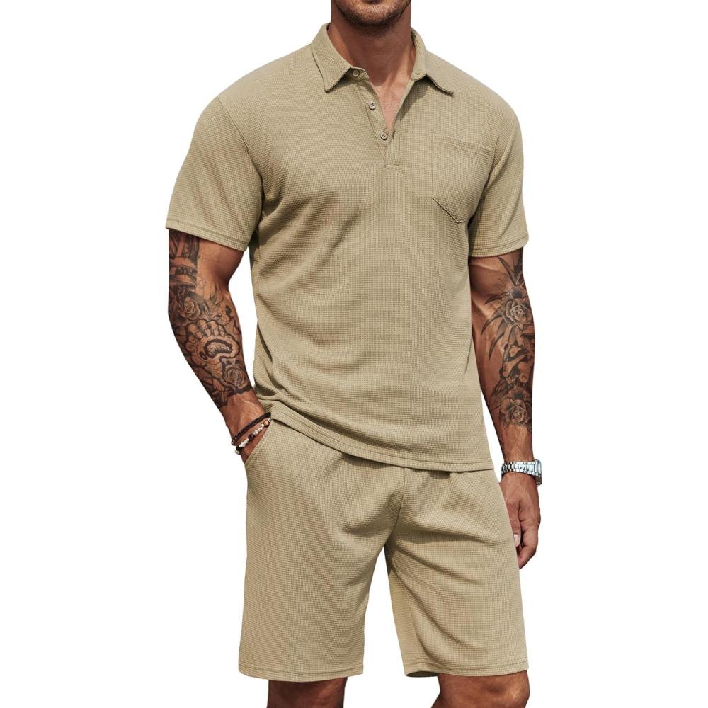 imageCOOFANDY Mens Waffle Knit Polo Shirt and Shorts Set 2 Pieces Outfits Summer Suit Casual Tracksuit with PocketsKhaki