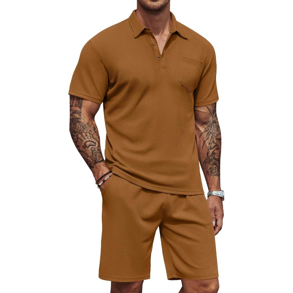 imageCOOFANDY Mens Waffle Knit Polo Shirt and Shorts Set 2 Pieces Outfits Summer Suit Casual Tracksuit with PocketsLight Brown