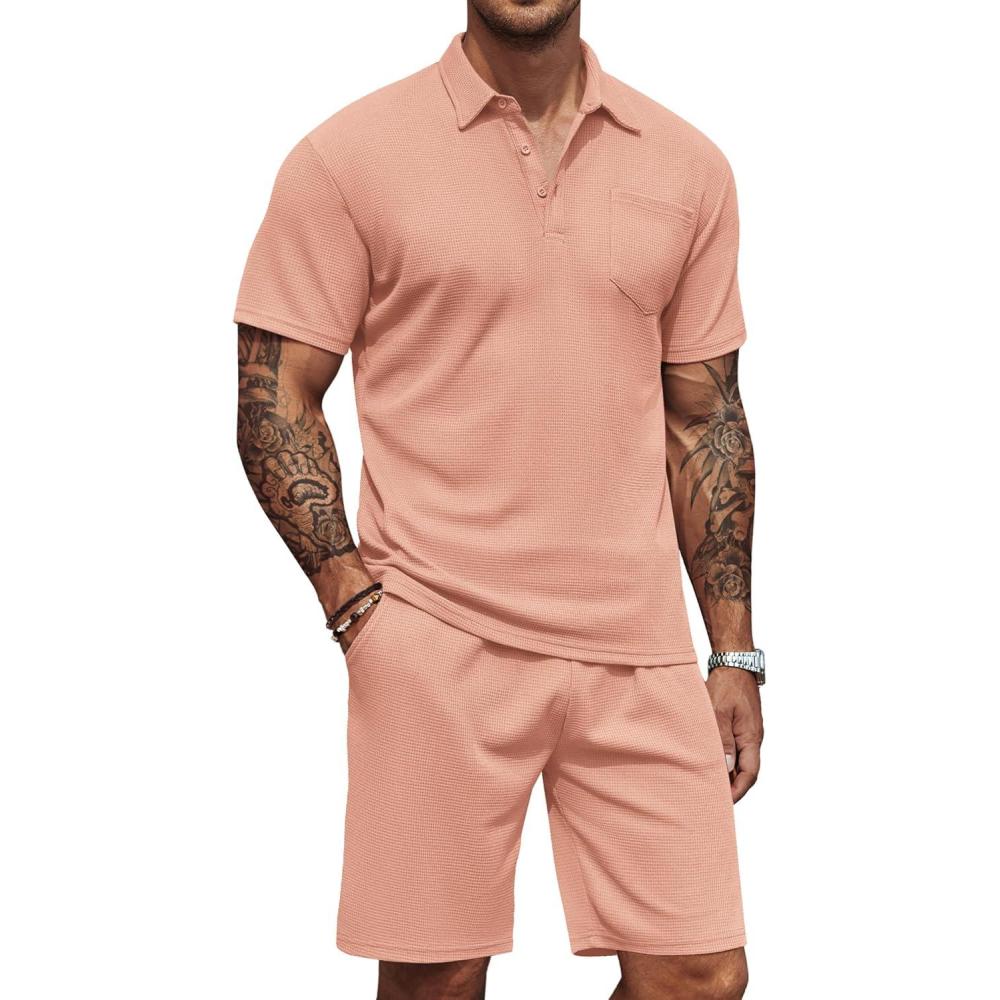 imageCOOFANDY Mens Waffle Knit Polo Shirt and Shorts Set 2 Pieces Outfits Summer Suit Casual Tracksuit with PocketsPink