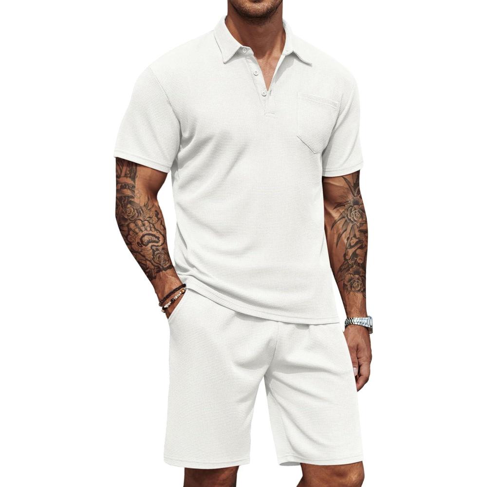 imageCOOFANDY Mens Waffle Knit Polo Shirt and Shorts Set 2 Pieces Outfits Summer Suit Casual Tracksuit with PocketsWhite