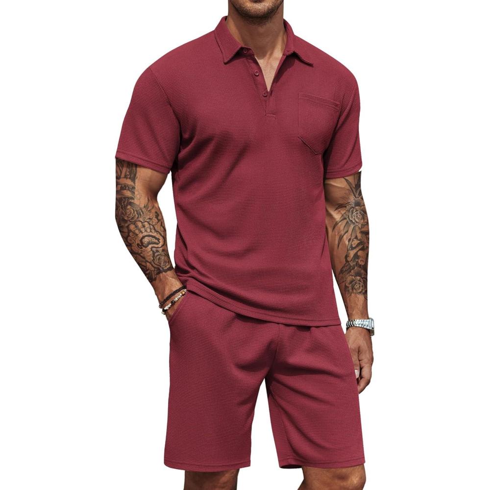imageCOOFANDY Mens Waffle Knit Polo Shirt and Shorts Set 2 Pieces Outfits Summer Suit Casual Tracksuit with PocketsWine Red
