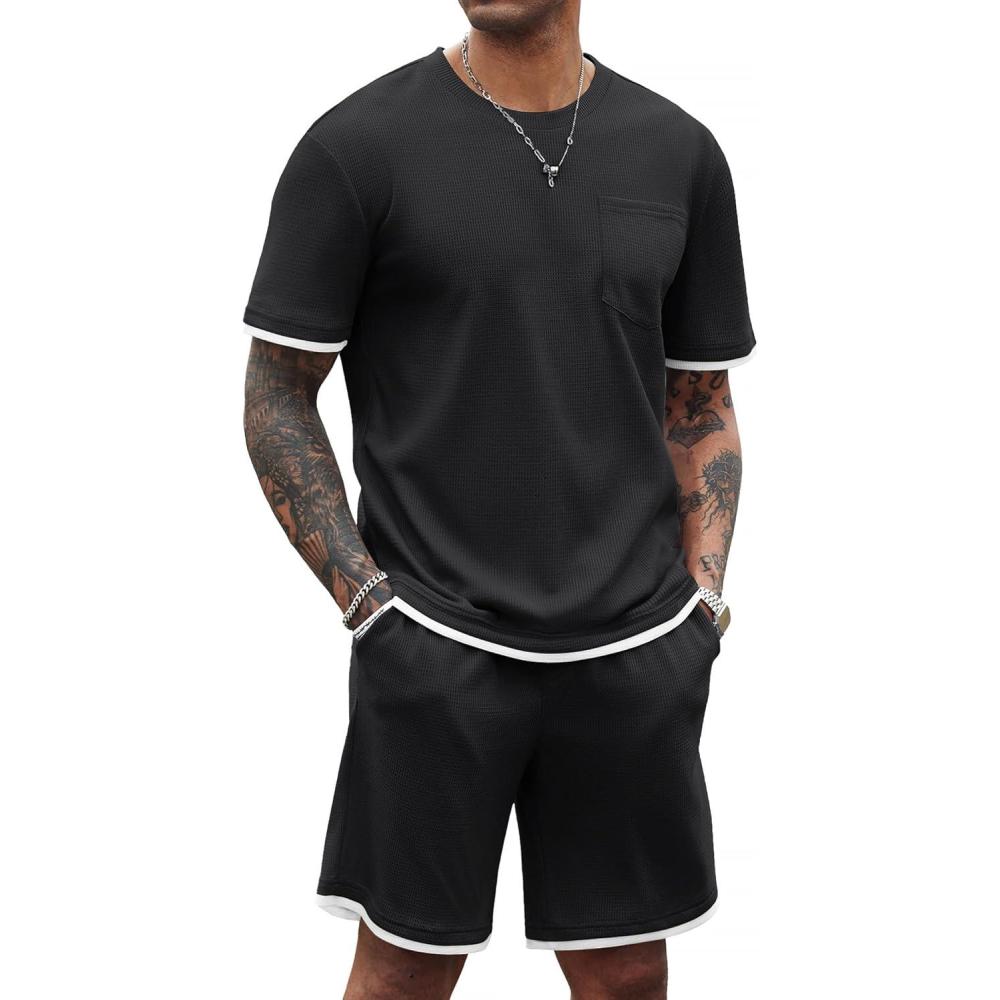 imageCOOFANDY Mens Waffle Shirt and Shorts Set 2 Piece Outfits Casual Summer Tracksuits Set with PocketsAblack