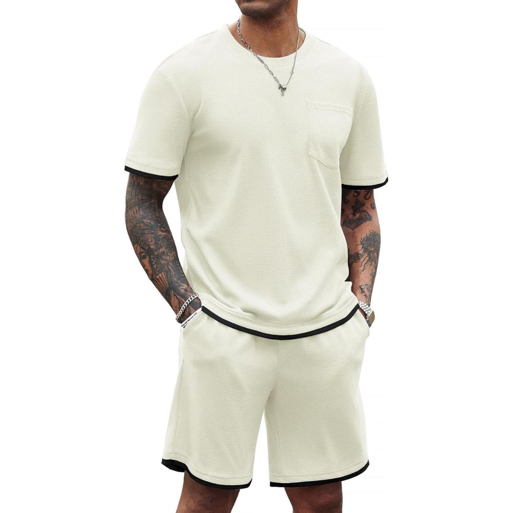 imageCOOFANDY Mens Waffle Shirt and Shorts Set 2 Piece Outfits Casual Summer Tracksuits Set with PocketsBeige
