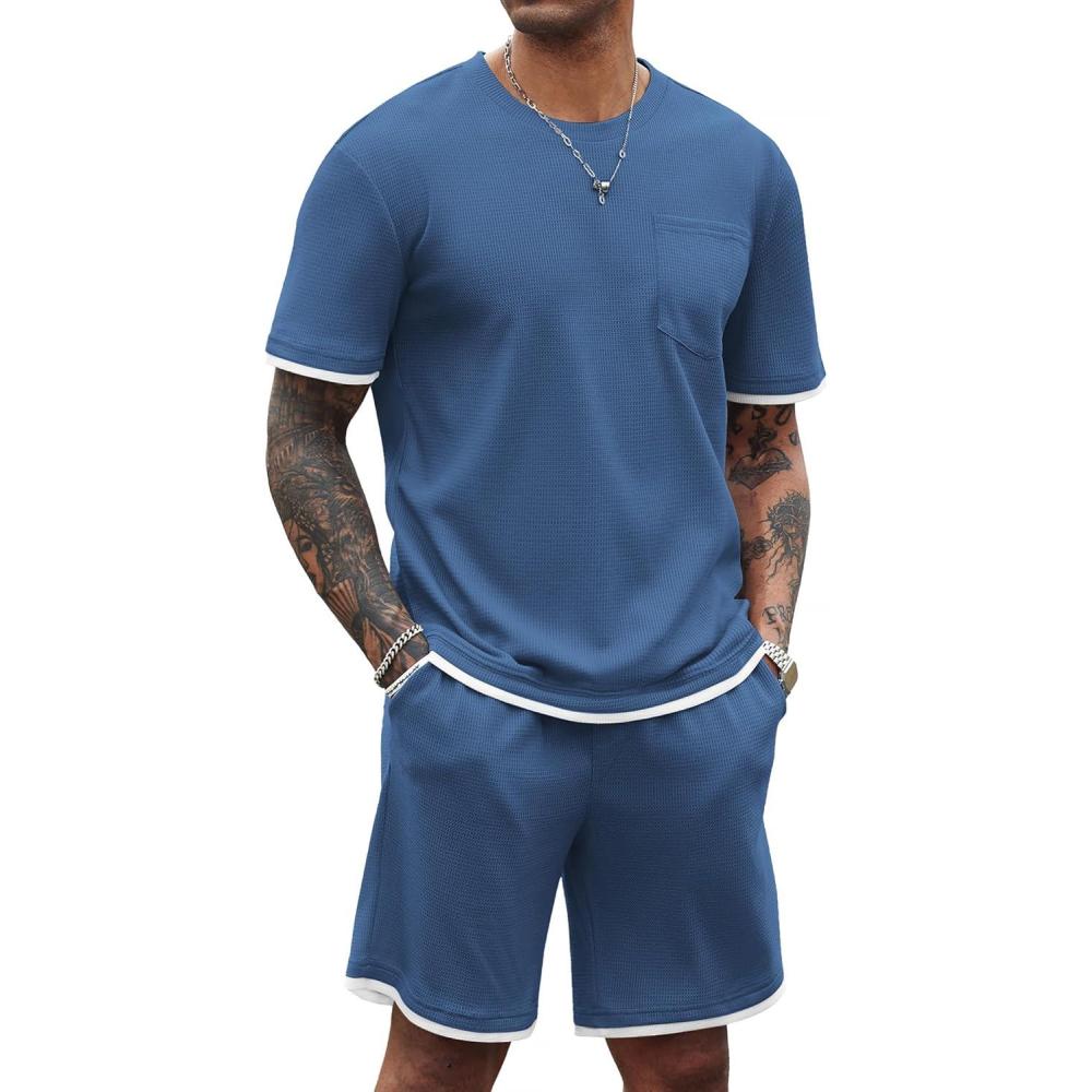 imageCOOFANDY Mens Waffle Shirt and Shorts Set 2 Piece Outfits Casual Summer Tracksuits Set with PocketsBlue