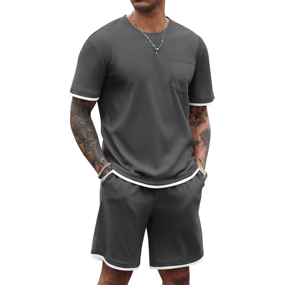 imageCOOFANDY Mens Waffle Shirt and Shorts Set 2 Piece Outfits Casual Summer Tracksuits Set with PocketsDark Grey