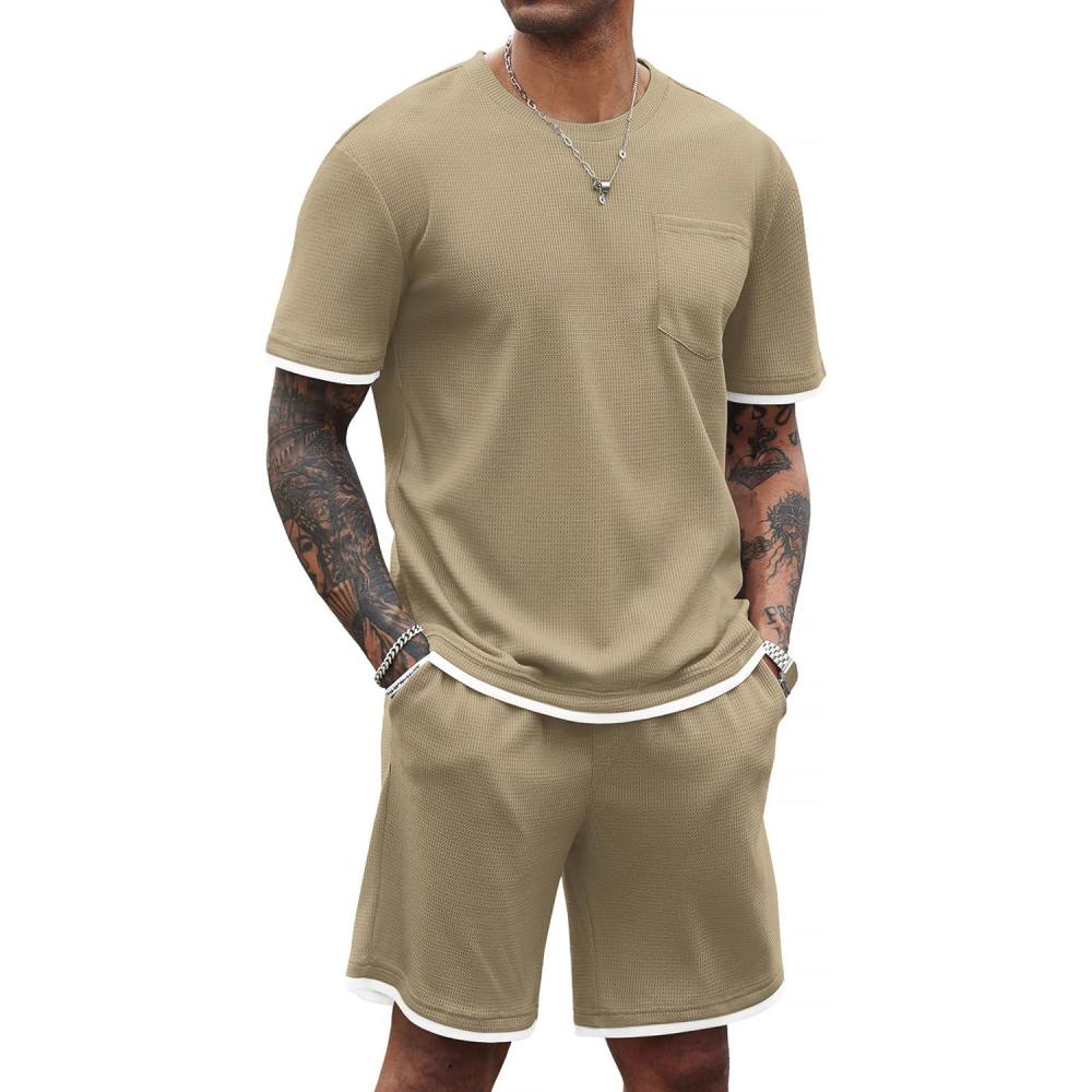 imageCOOFANDY Mens Waffle Shirt and Shorts Set 2 Piece Outfits Casual Summer Tracksuits Set with PocketsKhaki