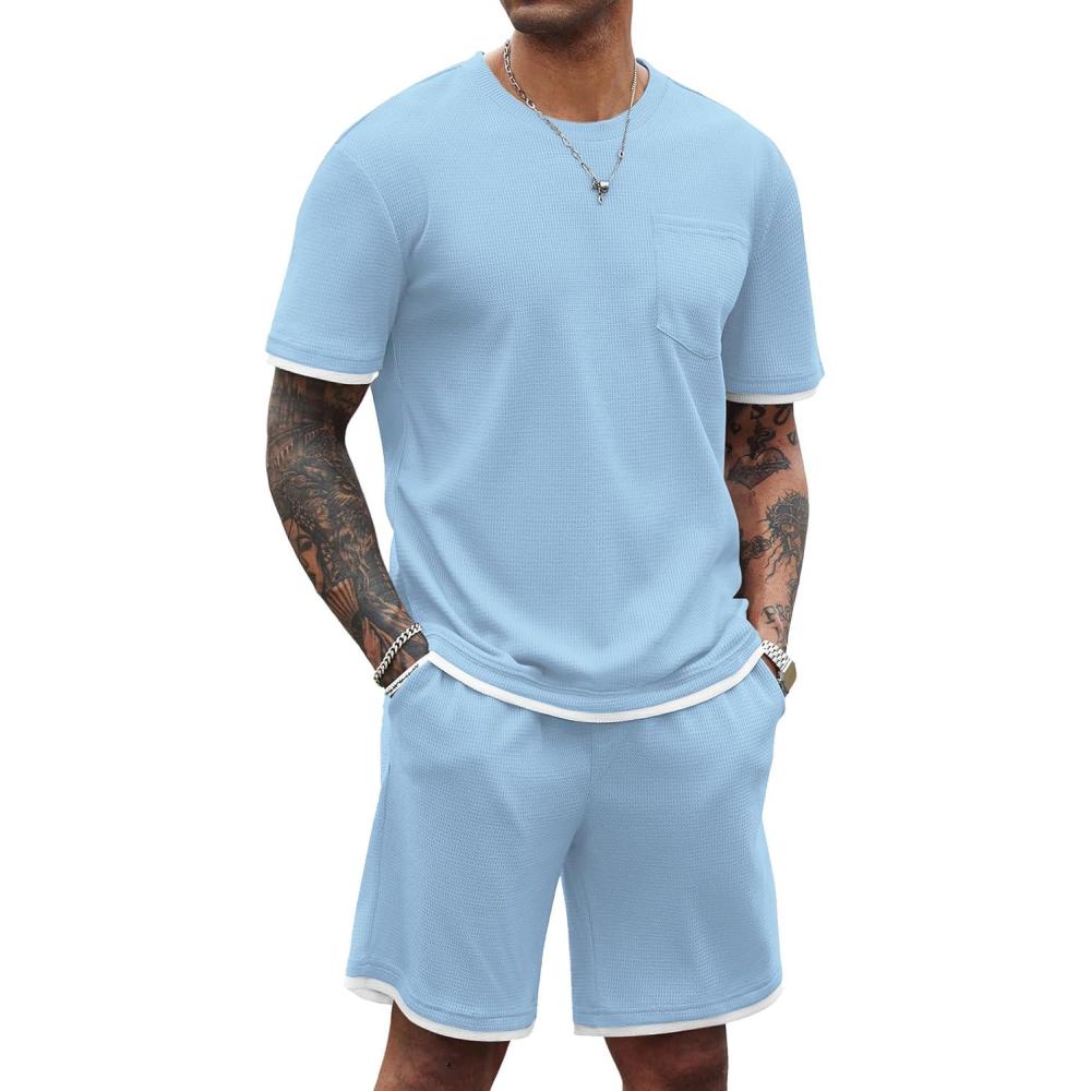 imageCOOFANDY Mens Waffle Shirt and Shorts Set 2 Piece Outfits Casual Summer Tracksuits Set with PocketsLight Blue