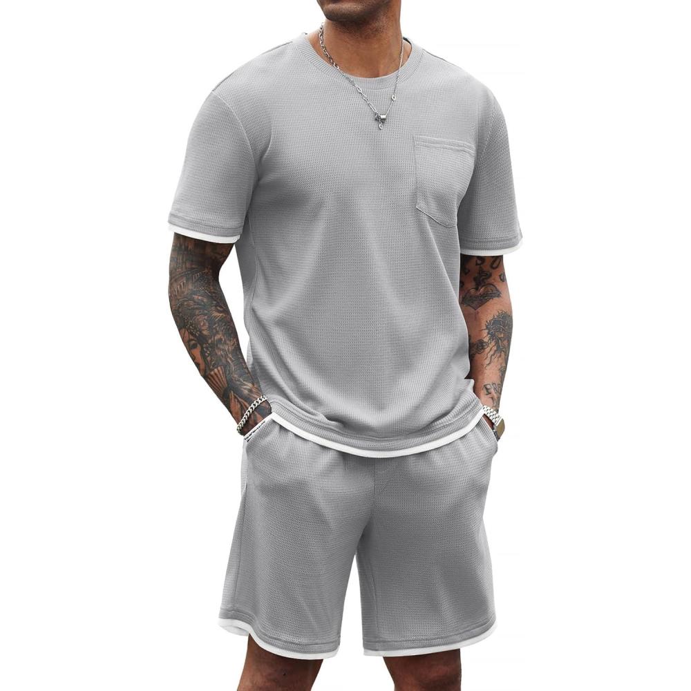 imageCOOFANDY Mens Waffle Shirt and Shorts Set 2 Piece Outfits Casual Summer Tracksuits Set with PocketsLight Grey