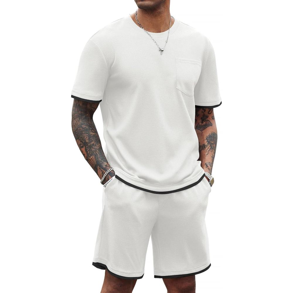 imageCOOFANDY Mens Waffle Shirt and Shorts Set 2 Piece Outfits Casual Summer Tracksuits Set with PocketsWhite