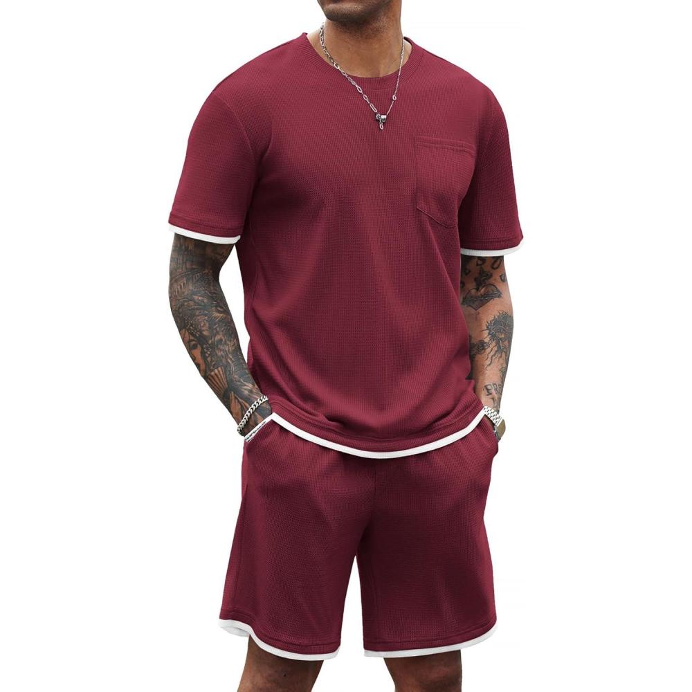 imageCOOFANDY Mens Waffle Shirt and Shorts Set 2 Piece Outfits Casual Summer Tracksuits Set with PocketsWine Red