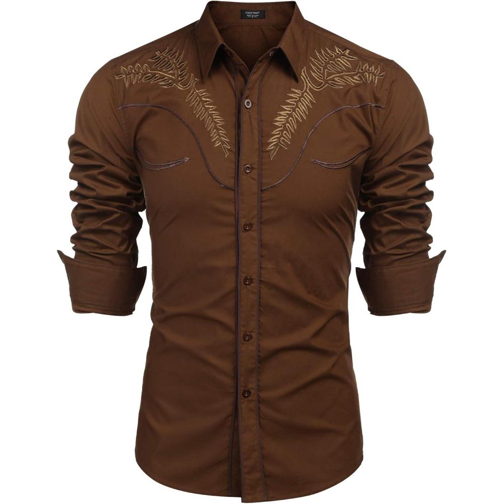 imageCOOFANDY Mens Western Cowboy Shirt Embroidered Button Down Long Sleeve Shirts01coffeepattern1