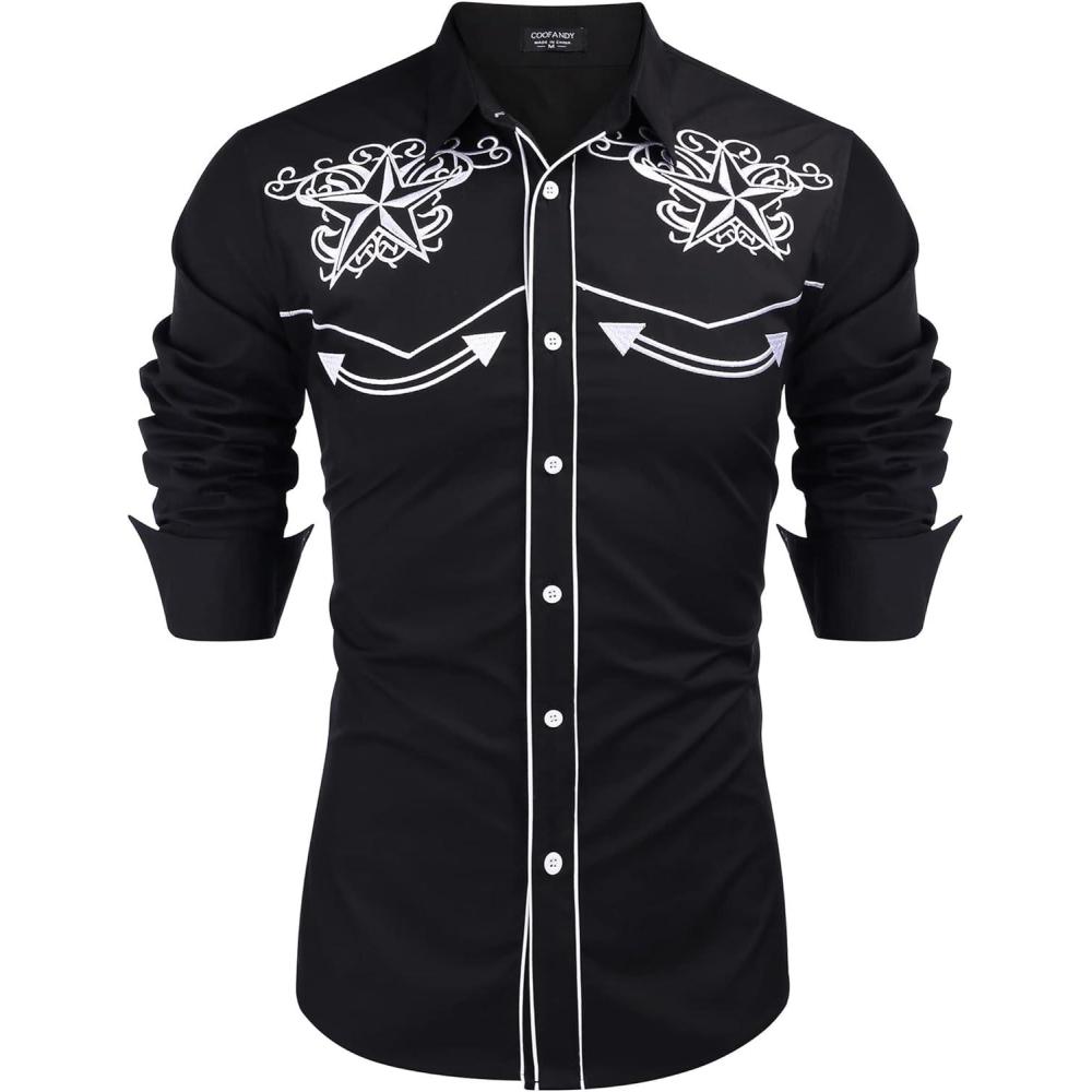 imageCOOFANDY Mens Western Cowboy Shirt Embroidered Button Down Long Sleeve ShirtsBlack  White