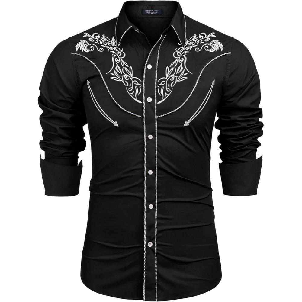 imageCOOFANDY Mens Western Cowboy Shirt Embroidered Button Down Long Sleeve ShirtsBlack