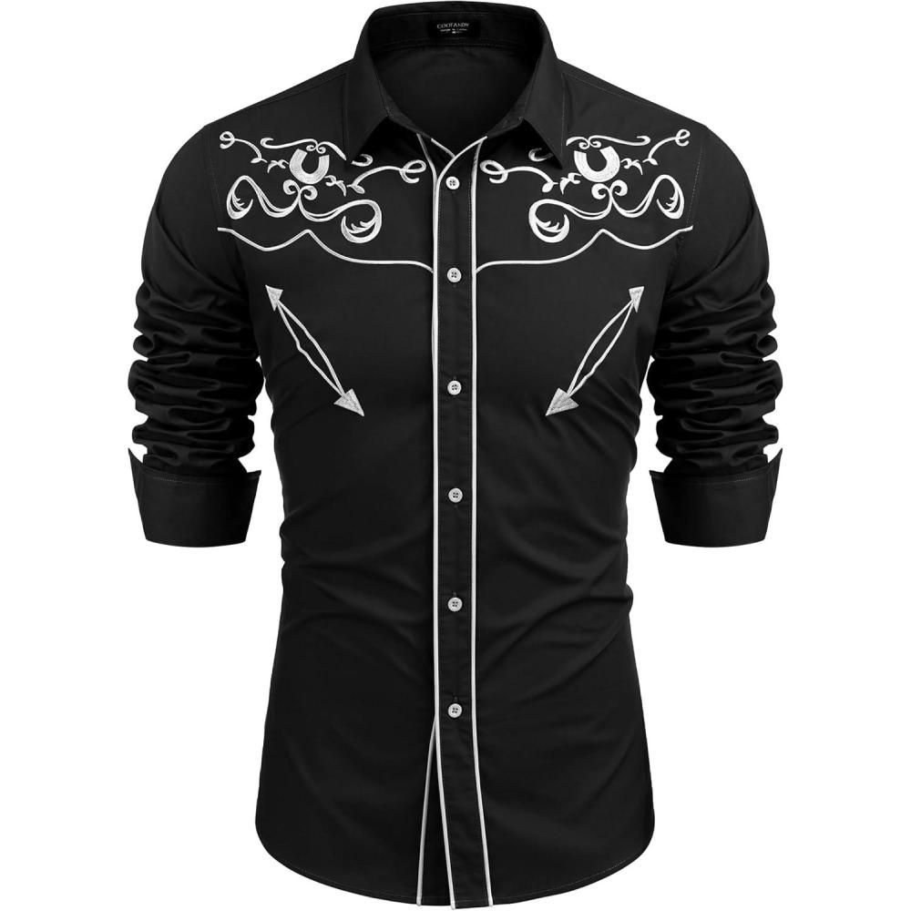 imageCOOFANDY Mens Western Cowboy Shirt Embroidered Button Down Long Sleeve ShirtsBlack Pattern3