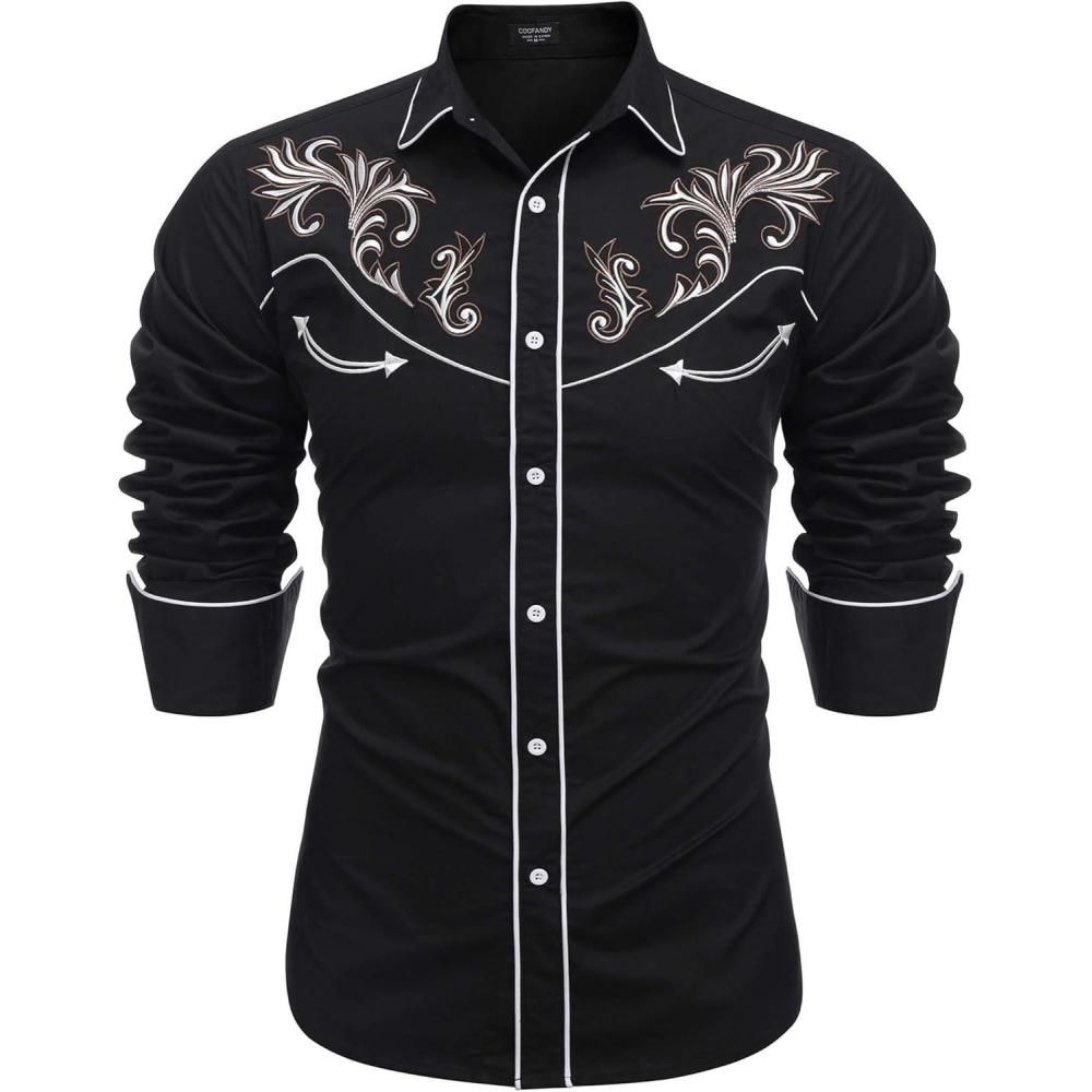 imageCOOFANDY Mens Western Cowboy Shirt Embroidered Button Down Long Sleeve ShirtsBlackpat8