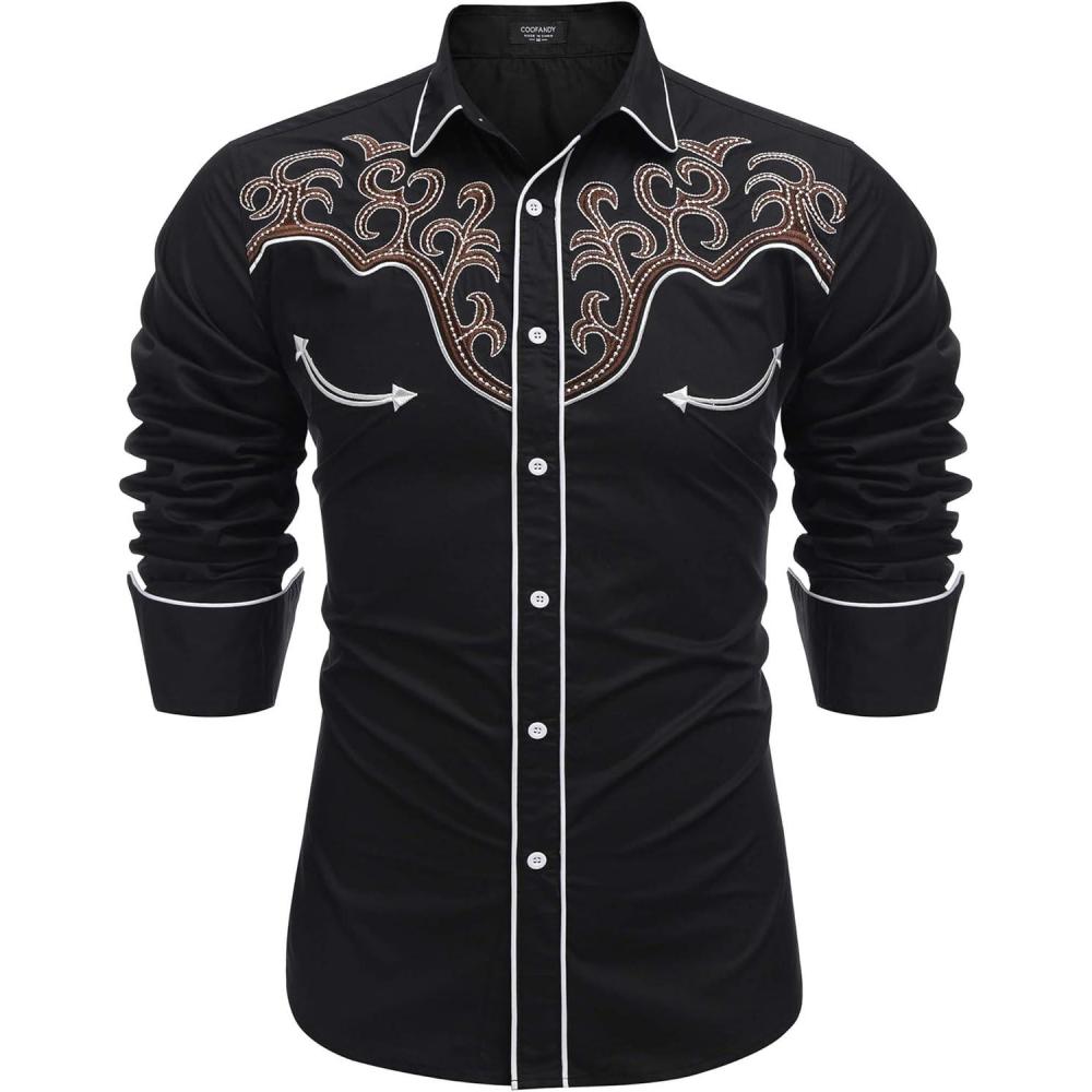 imageCOOFANDY Mens Western Cowboy Shirt Embroidered Button Down Long Sleeve ShirtsBlackpat9