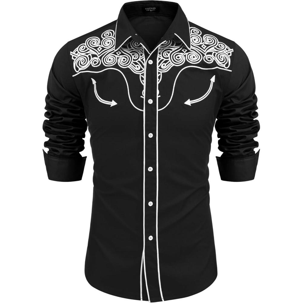 imageCOOFANDY Mens Western Cowboy Shirt Embroidered Button Down Long Sleeve ShirtsBlackpattern2