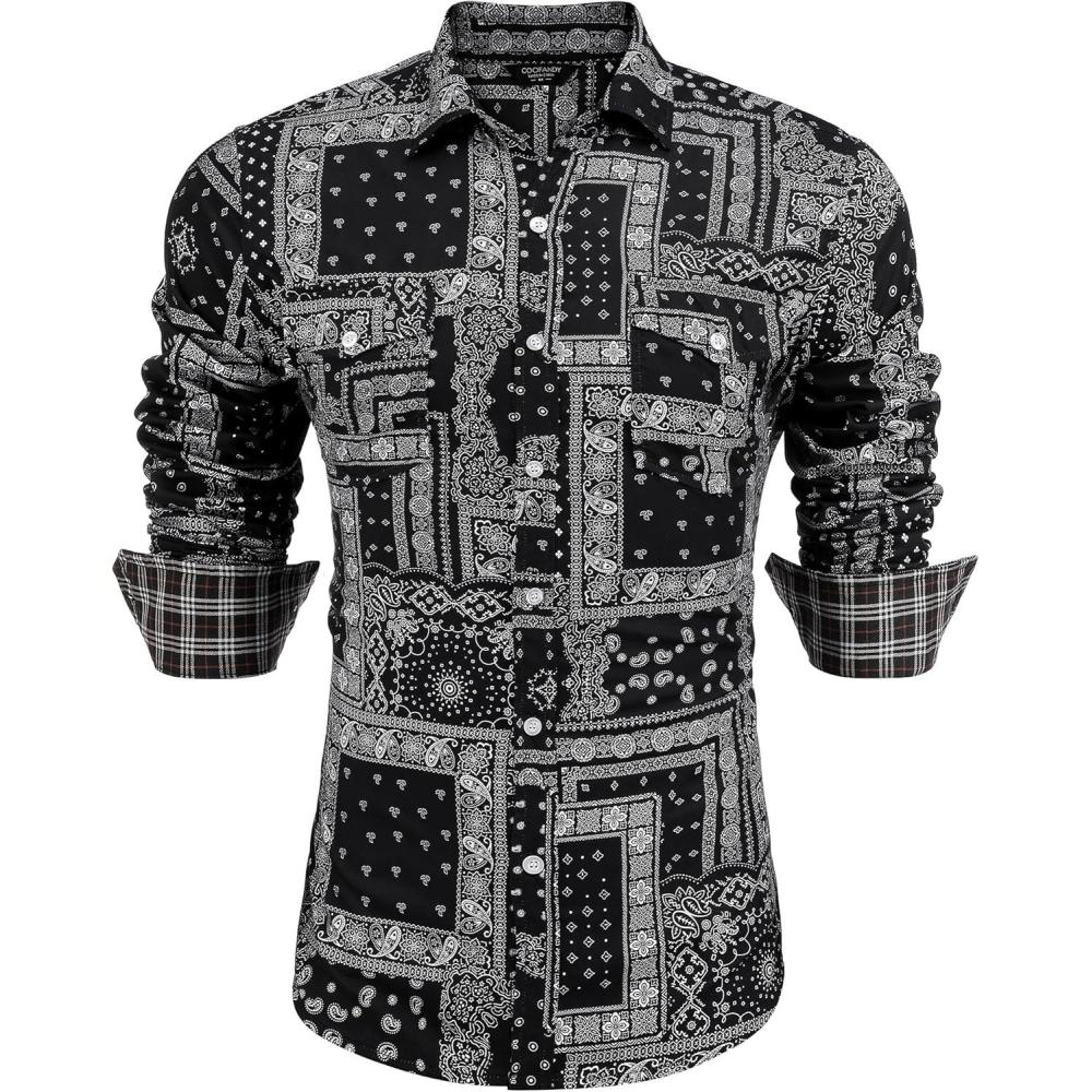 imageCOOFANDY Mens Western Cowboy Shirt Embroidered Button Down Long Sleeve ShirtsBlackprint01