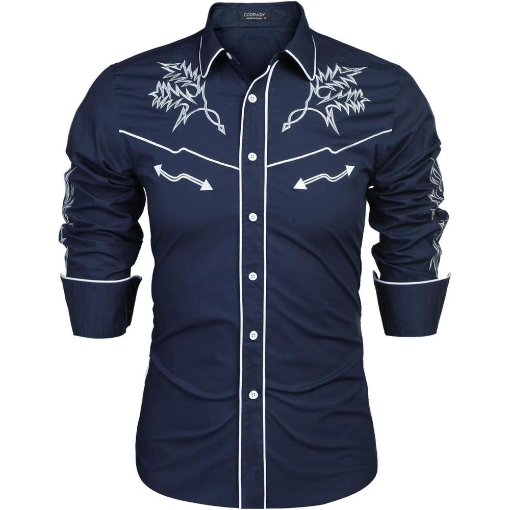 imageCOOFANDY Mens Western Cowboy Shirt Embroidered Button Down Long Sleeve ShirtsBlue